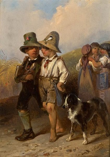 Bauernkinder Mit Hund Am Feldweg Oil Painting by Johann Matthias Ranftl