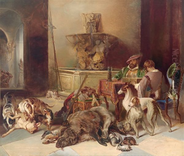 In Der Schloshalle, Links An Einem Tisch Zwei Jagdherren, Darunter Der Kunstler, Schach Spielend, Vor Ihnen Die Jagdbeute Oil Painting by Johann Matthias Ranftl