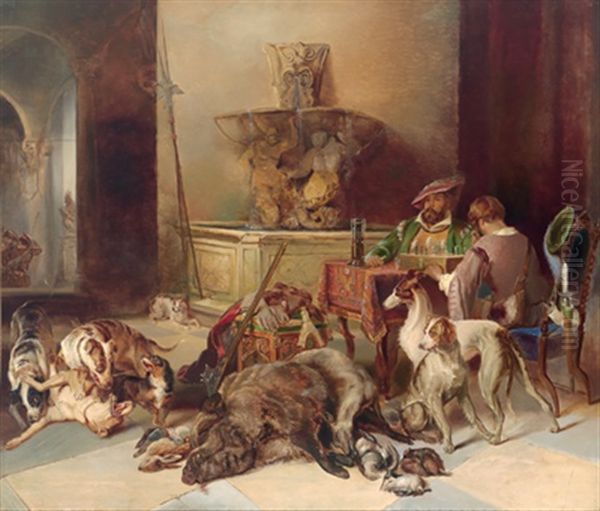 In Der Schloshalle - Links An Einem Tisch Zwei Jagdherren, Darunter Der Kunstler Selbst, Schach Spielend Vor Ihnen Die Jagdbeute by Johann Matthias Ranftl