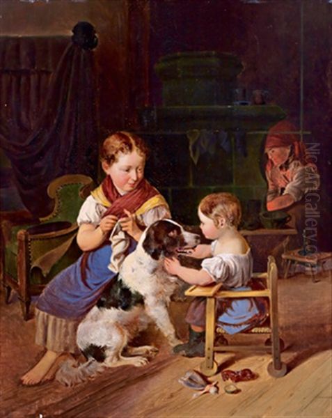 Familienidyll Mit Strickendem Madchen Oil Painting by Johann Matthias Ranftl