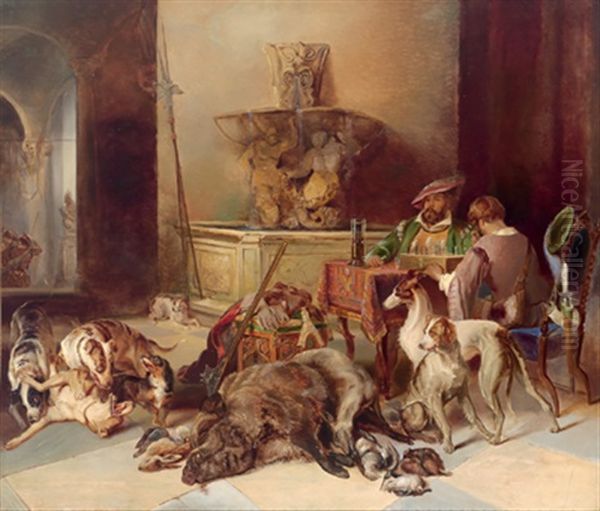 In Der Schloshalle, Links An Einem Tisch Zwei Jagdherren, Darunter Der Kunstler Selbst, Schach Spielend, Vor Ihnen Die Jagdbeute Oil Painting by Johann Matthias Ranftl