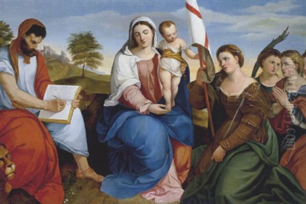 Madonna Mit Kind Und Den Heiligen Markus Evangelista Sowie Ursula Mit Jungfrauen Oil Painting by Johann Matthias Ranftl