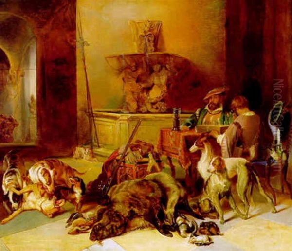 In Der Schlosshalle, Links Am Tisch Zwei Jagdherren, Darunter Der Kunstler Selbst, Schach Spielend, Vor Ihnen Die Jagdbeute Oil Painting by Johann Matthias Ranftl