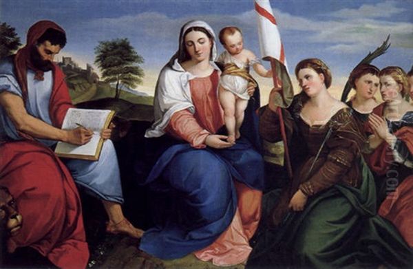 Madonna Mit Kind Und Den Heiligen Markus Evangelista Sowie Ursula Mit Jungfrauen Oil Painting by Johann Matthias Ranftl