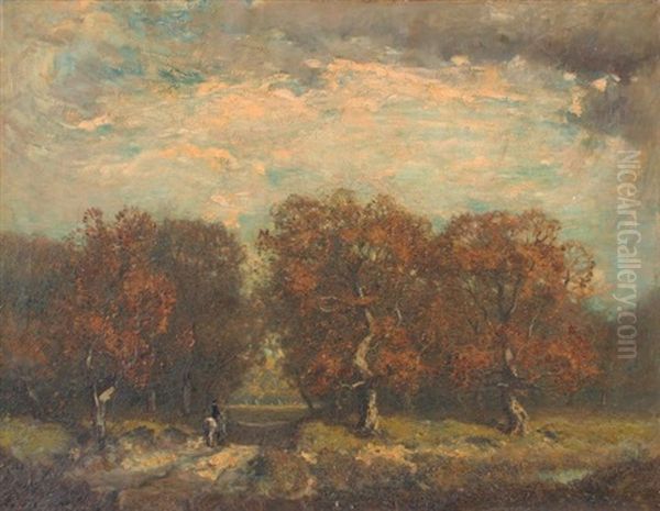 Approaching Storm In An Autumnal Landscape With Rider On A Trail Oil Painting by Henry Ward Ranger