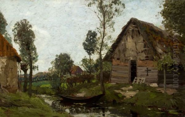 Untitled (landscape With House And Boat) Oil Painting by Henry Ward Ranger