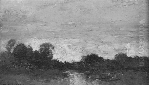 River Landscape With Figure Docking Punt Oil Painting by Henry Ward Ranger