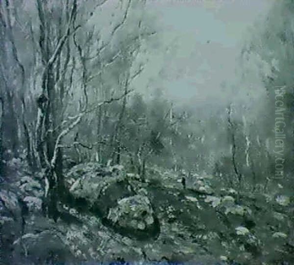 Autumn Views: Figure In Woodland Passage; Figure Before     Riverbank (with Artist's Stamp) Oil Painting by Henry Ward Ranger