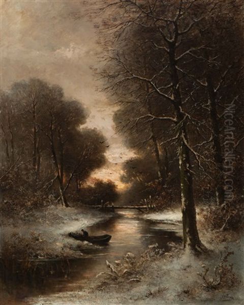 Moored Angler In A Winter Landscape by Sebastiaan de Ranitz