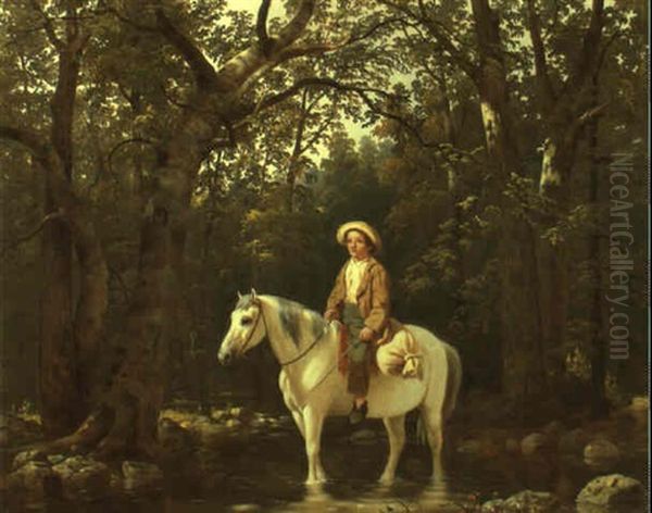 Boy On Horse Fording A Stream Oil Painting by William Tylee Ranney