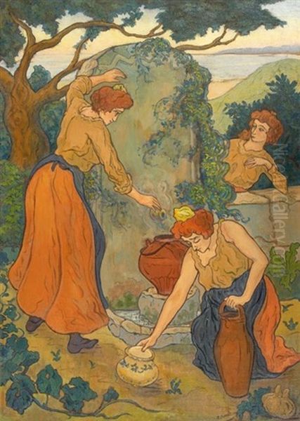 Trois Femmes Et Leurs Pots A La Fontaine Ou Femmes A La Fontaine Oil Painting by Paul Elie Ranson