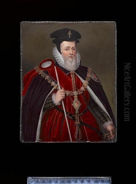 William Cecil, 1st Baron Burghley (1520-1598), Wearing The Robes Of The Chancellor Of The Order Of The Garter, Blue Cloak With White Satin Lining, The Insignia And Arms Of The Order On His Left Breast, White Ruff, Red Velvet Sash And Doublet The Black Vel Oil Painting by Henry Bone