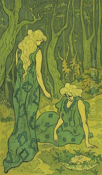 Deux Jeunes Filles Devant La Tete D'orphee Oil Painting by Paul Elie Ranson