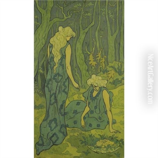 Deux Jeune Filles Devant La Tete D'orphee Oil Painting by Paul Elie Ranson