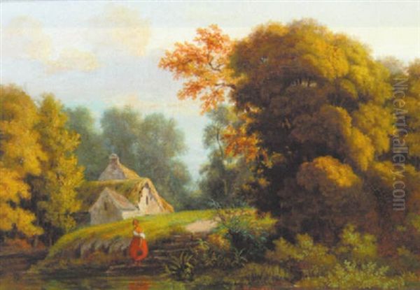 Efterarsskov Med Bondehus Og Pige, Der Henter Vand I En A Oil Painting by Charles Nicolas Ransonnette