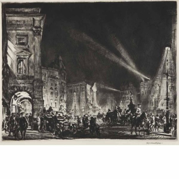 Piccadilly Circus At Night Oil Painting by Muirhead Bone