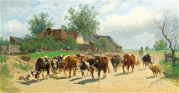 Cows On The Village Road Oil Painting by Gustav Ranzoni