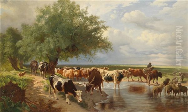 Tierherde Und Hirte An Der Furt Oil Painting by Gustav Ranzoni