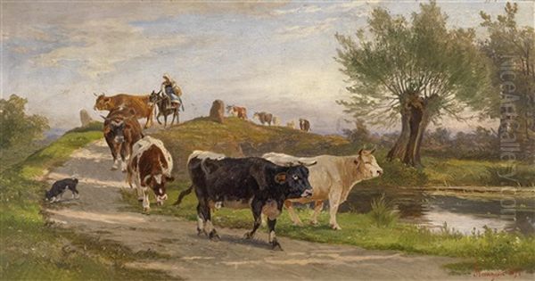 Hirten Und Kuhherde Am Heimweg Oil Painting by Gustav Ranzoni