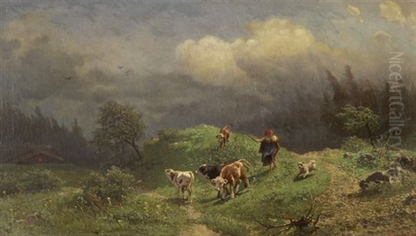 Kuhe Auf Der Alp Bei Aufziehendem Gewitter Oil Painting by Gustav Ranzoni