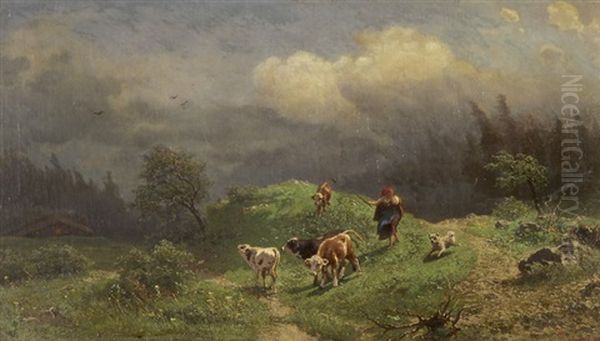 Kuhe Auf Der Alp Bei Aufziehendem Gewitter Oil Painting by Gustav Ranzoni