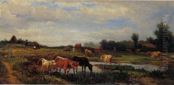 Kuhherde Mit Hirten Am Kleinen Teich Oil Painting by Gustav Ranzoni