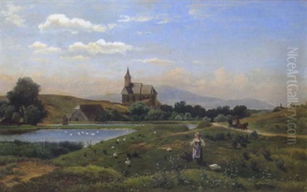 Gansehirtin Vor Einem Dorfkirchenlein Oil Painting by Gustav Ranzoni