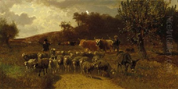 Shepherds With Cattle In A Summer Landscape Oil Painting by Gustav Ranzoni