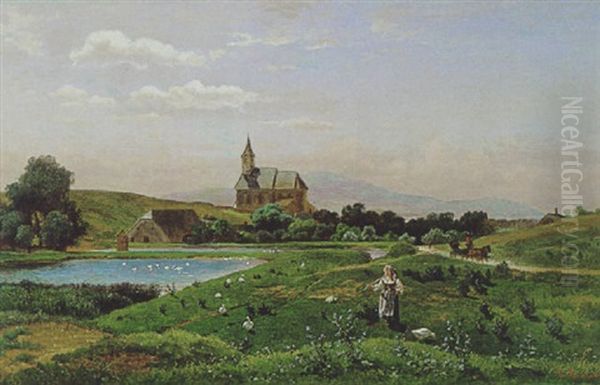 Landschaft Mit Kirche Und Figurlicher Staffage Oil Painting by Gustav Ranzoni