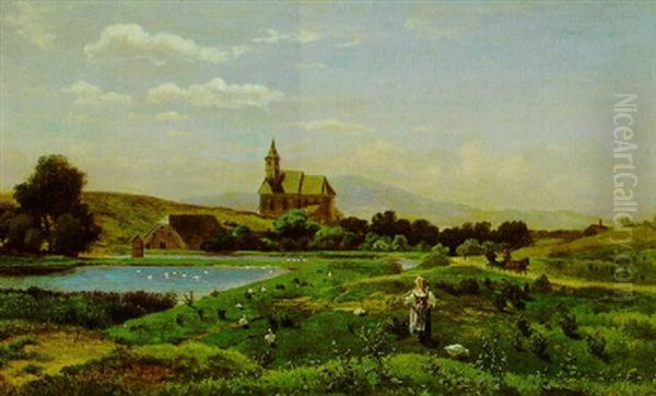 Landschaft Mit Kirche Und Figurlicher Oil Painting by Gustav Ranzoni