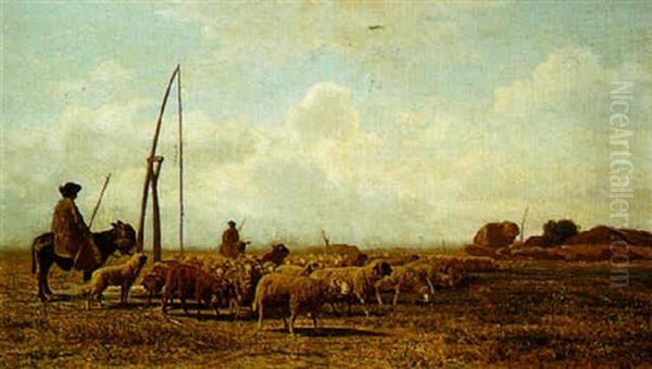 A Shepherd Minding His Flock Oil Painting by Gustav Ranzoni