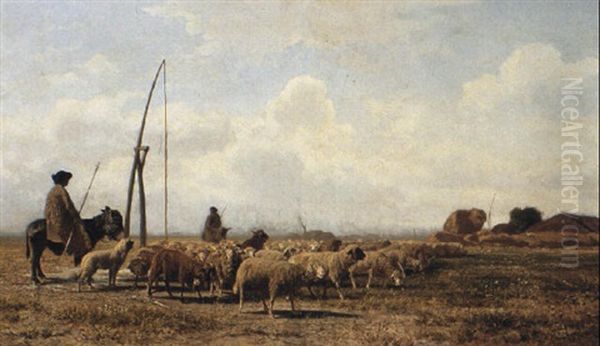 A Shepherd Minding His Flock Oil Painting by Gustav Ranzoni