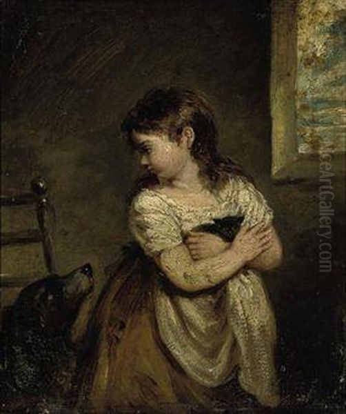 A Girl Holding A Kitten In An Interior, A Dog Beside Her Oil Painting by Robert Trewick Bone