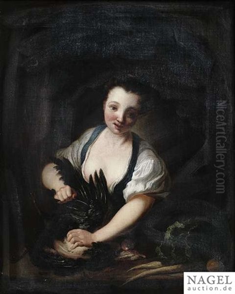 A Kitchenmaid Plucking A Chicken Oil Painting by Jean Raoux