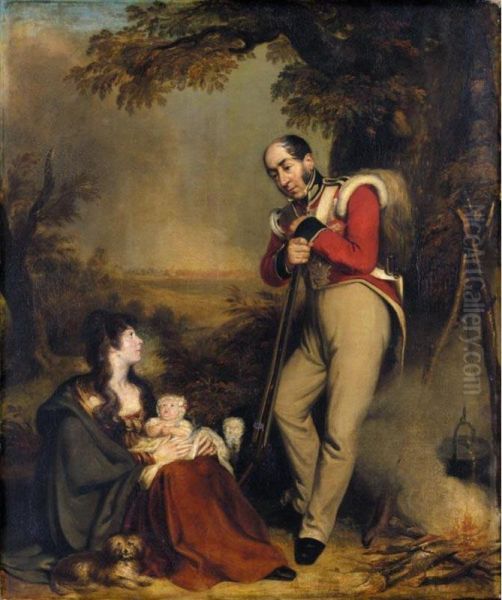 A Soldier With His Wife And Child; Portraits Oil Painting by Robert Trewick Bone