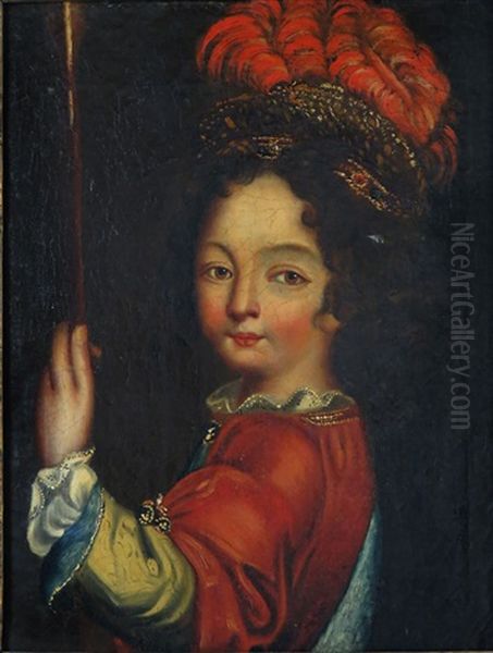 Half Portrait Of Princely Boy Wearing Red Feather Hat Oil Painting by Jean Raoux