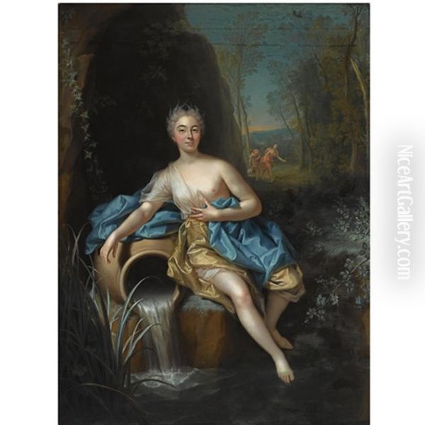 Portrait Historie Of A Seated Lady Scarcely Clad And In The Guise Of A Nymph Near A Source, In A Wooded Landscape With Two Huntresses In The Background Oil Painting by Jean Raoux