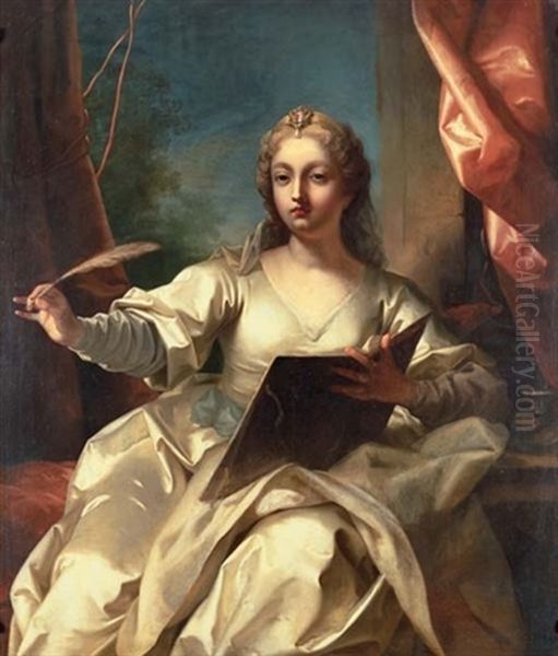 Portrait Of A Lady In A White Silk Dress And Blue Sash Oil Painting by Jean Raoux