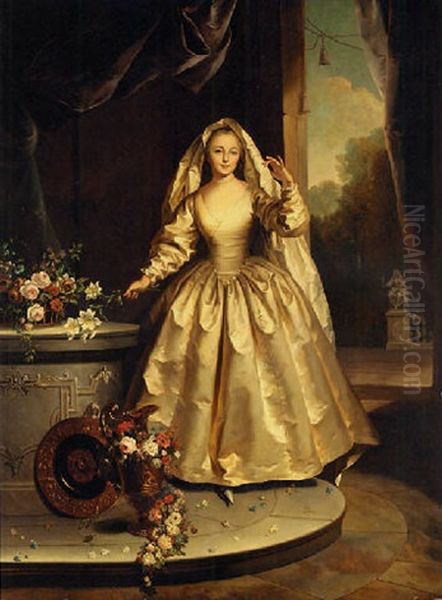 Portrait Of Marie-francoise Boucher As A Vestal Virgin, Holding A Bunch Of Lilies, A Landscape Beyond Oil Painting by Jean Raoux