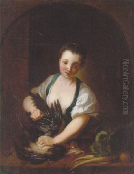 A Maiden Plucking A Chicken At A Niche Oil Painting by Jean Raoux