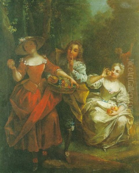 Le Courtisan Volant Un Fruit Dans Une Corbeille Tenue Par Une Courtisane Oil Painting by Jean Raoux