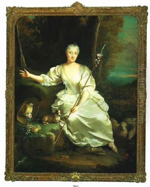 Portrait Of The Marquise De Changey In The Guise Of A Shepherdess, In A Wooden Landscape With Her Dog Oil Painting by Jean Raoux