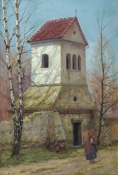 In Front Of Belfry Oil Painting by Jozef Rapacki