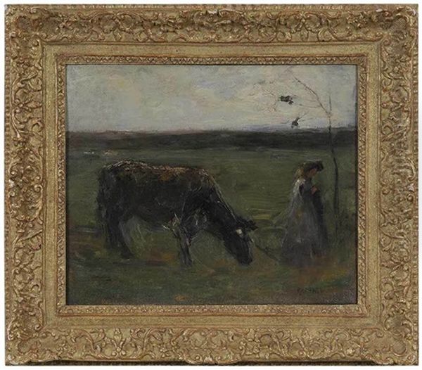 Cow And Woman In A Landscape Oil Painting by Joseph Raphael