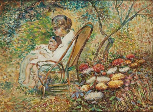 Mother And Child In A Garden Oil Painting by Joseph Raphael