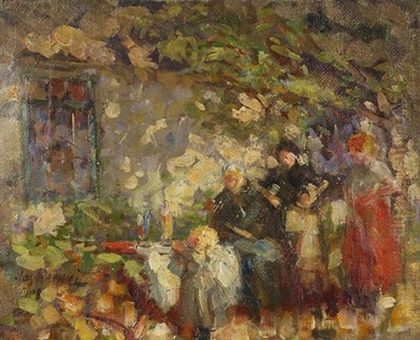 Untitled (figures By A Cottage Under A Tree) Oil Painting by Joseph Raphael