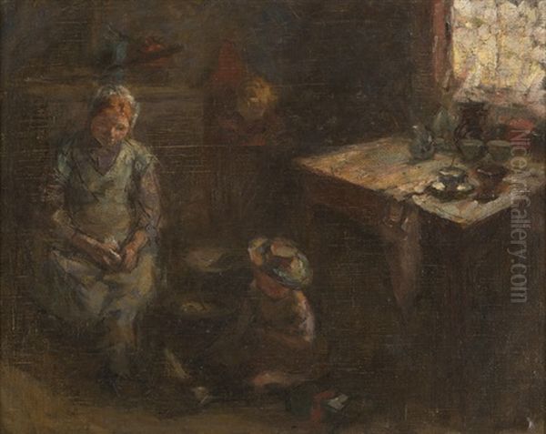 Dutch Figures In An Interior Oil Painting by Joseph Raphael