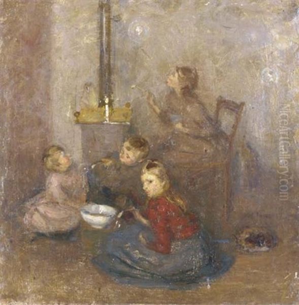 The Children Of The Artist Blowing Bubbles Oil Painting by Joseph Raphael