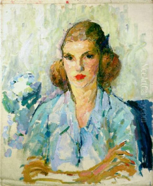 A Portrait Of A Lady In Blue Oil Painting by Joseph Raphael