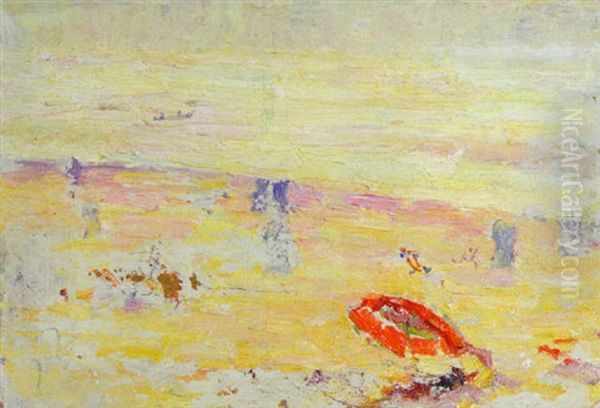 Red Umbrella On The Beach Oil Painting by Joseph Raphael